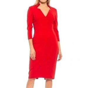 ALEXIA ADMOR RED SHEATH 3/4 SLEEVES NOTCHED V NECK SZ 6, GOLD FULL LENGTH ZIPPER